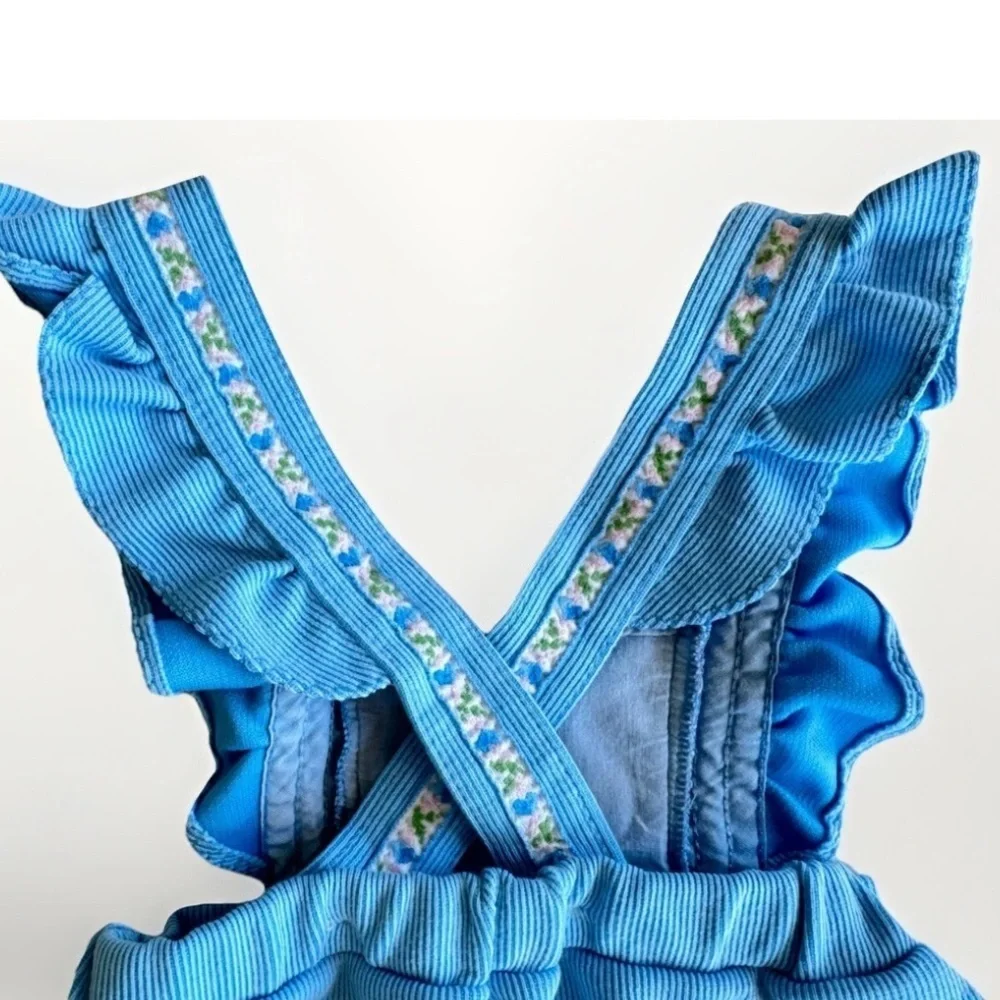 Vintage 70s K Mart Togs Blue Ruffle Floral Corduroy Overall Dress Size 4T *Flaws